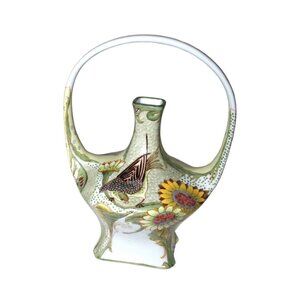 Castilian Art Nouveau Porcelain Basket hand painted Vase birds & flowers No.6133